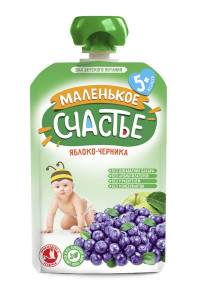 Пюре детское Маленькое счастье Яблоко и черника, мягкая упаковка, 5m+, 90гр